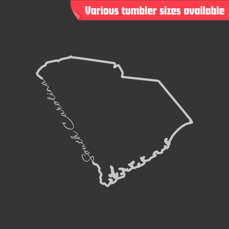 Laser engraved stainless steel tumbler reading "South Carolina" in the state outline design, view 2