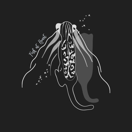 A minimalist black and white graphic illustration of a squid, with the text 'Fish of Heart' written in a cursive font. The design features a white line drawing of the squid, a solid white heart, and a faded gray heart in the background, all set against a solid black backdrop.