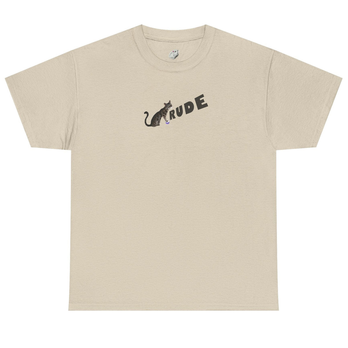 Flounder 'RUDE' Button Tee - Flounder the Eye-Rolling Cat T-Shirt, shown in Sand