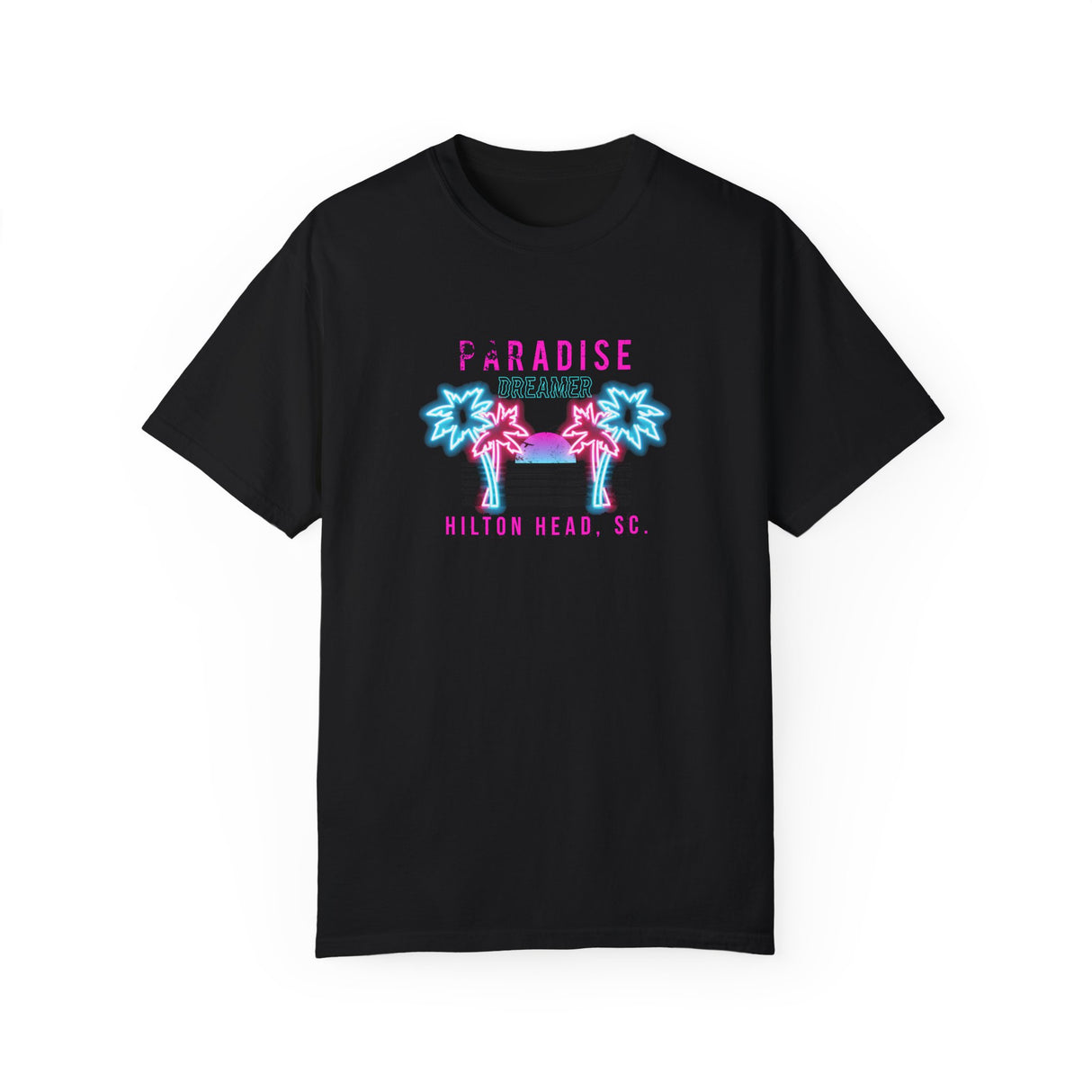Garment-Dyed T-shirt: Retro Palm Tree Lights 'Paradise Dreamer - Hilton Head