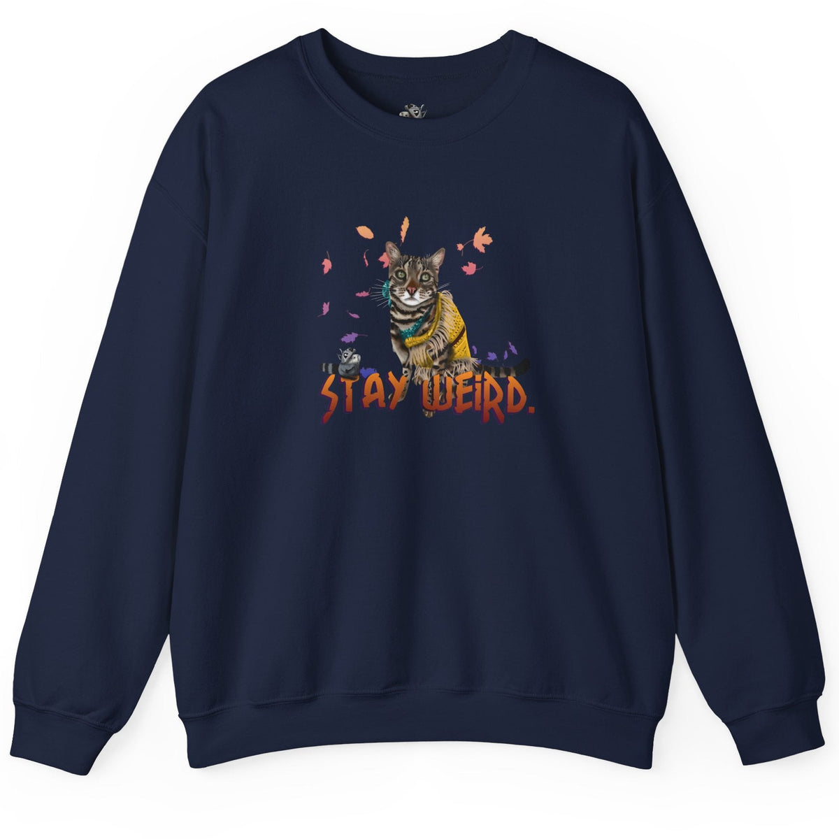 Stay Weird Sweatshirt Hand-Drawn Flounder & Mouse Toy Hug Crewneck, shown in Navy