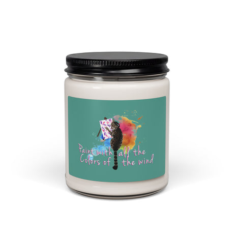 Paint With All the Colors of the Wind scented soy candle, 9 oz glass jar with the hand drawn Paint With All the Colors of the Wind design by Nina Leipold