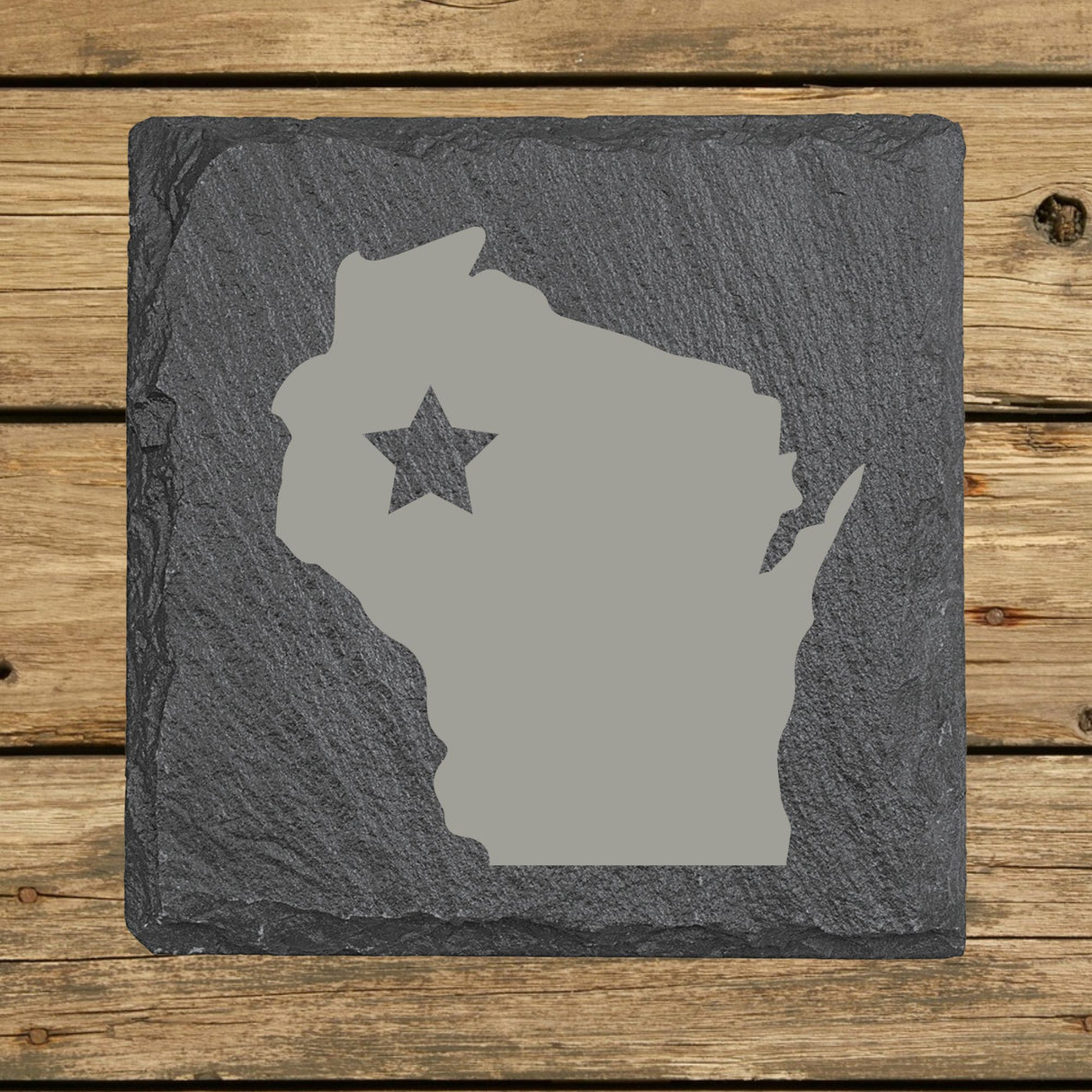 Wisconsin Slate Coaster Set – Engraved Natural Stone (Set of 4)