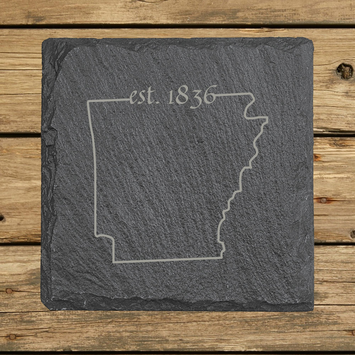 Arkansas Slate Coaster Set – Engraved Natural Stone (Set of 4)
