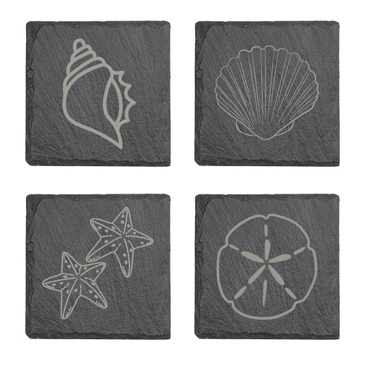 Set of 4 Beach Coasters – Sand Dollar, Starfish & Seashell Design