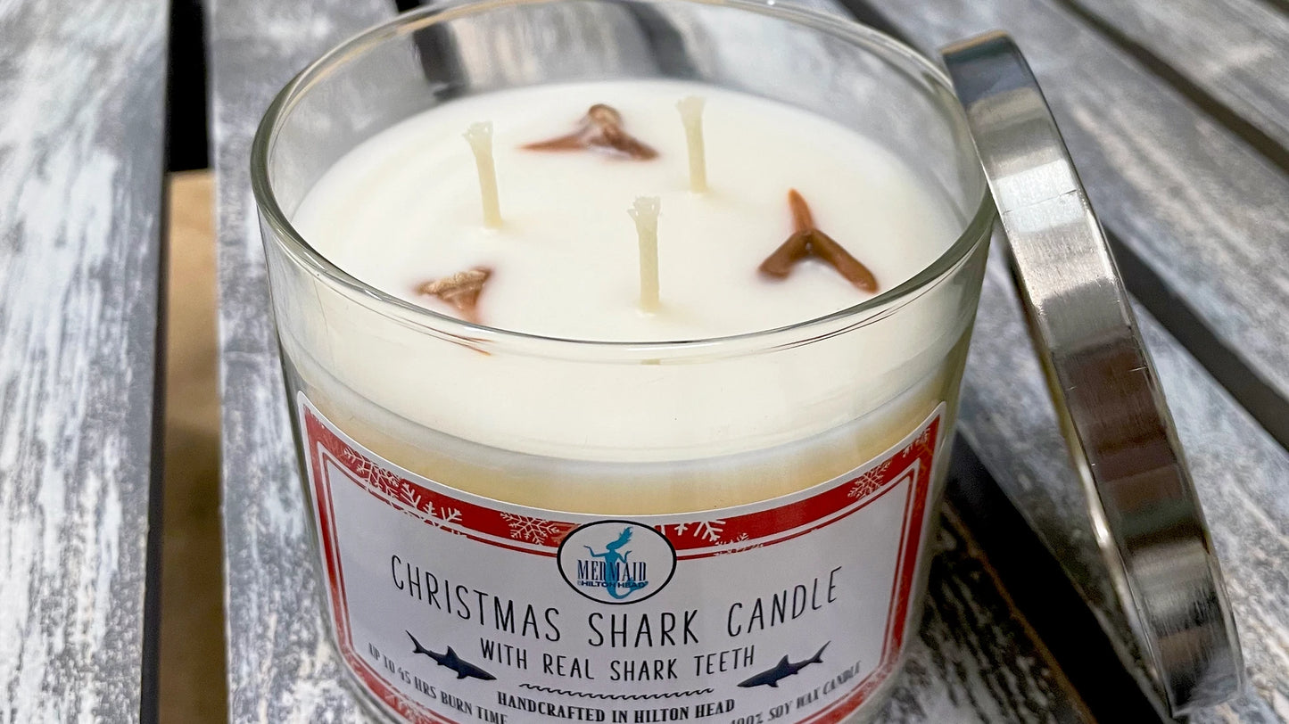 Christmas Shark Candle with Real Fossilized Shark Teeth