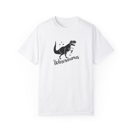 Wineosaurus t-shirt in white with a T-rex holding a wine glass