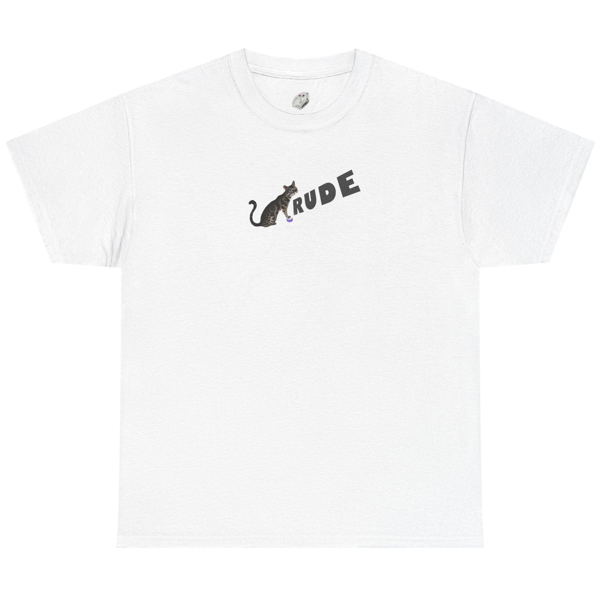 Flounder 'RUDE' Button Tee - Flounder the Eye-Rolling Cat T-Shirt, shown in White