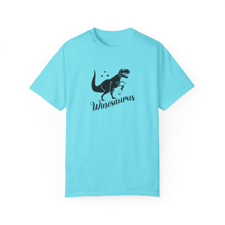 Wineosaurus t-shirt in lagoon blue with a T-rex holding a wine glass