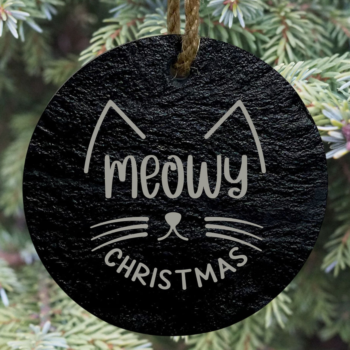 Meowy Christmas 3” Round Slate Ornament - Cat Lover Holiday Decor