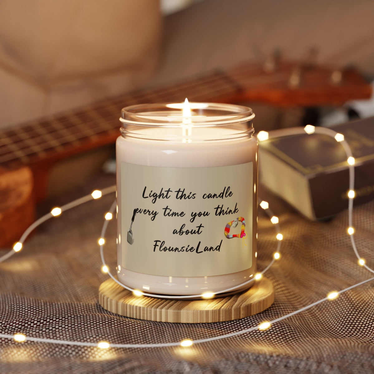 FlounsieLand scented soy candle, 9 oz glass jar with the hand drawn FlounsieLand design by Nina Leipold