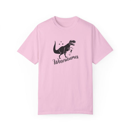 Wineosaurus t-shirt in blossom with a T-rex holding a wine glass