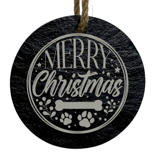 Merry Christmas Dog Bone 3” Round Slate Ornament - Pet Lover Decor