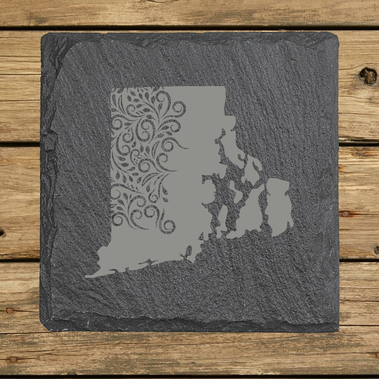 Rhode Island Slate Coaster Set – Engraved Natural Stone (Set of 4)