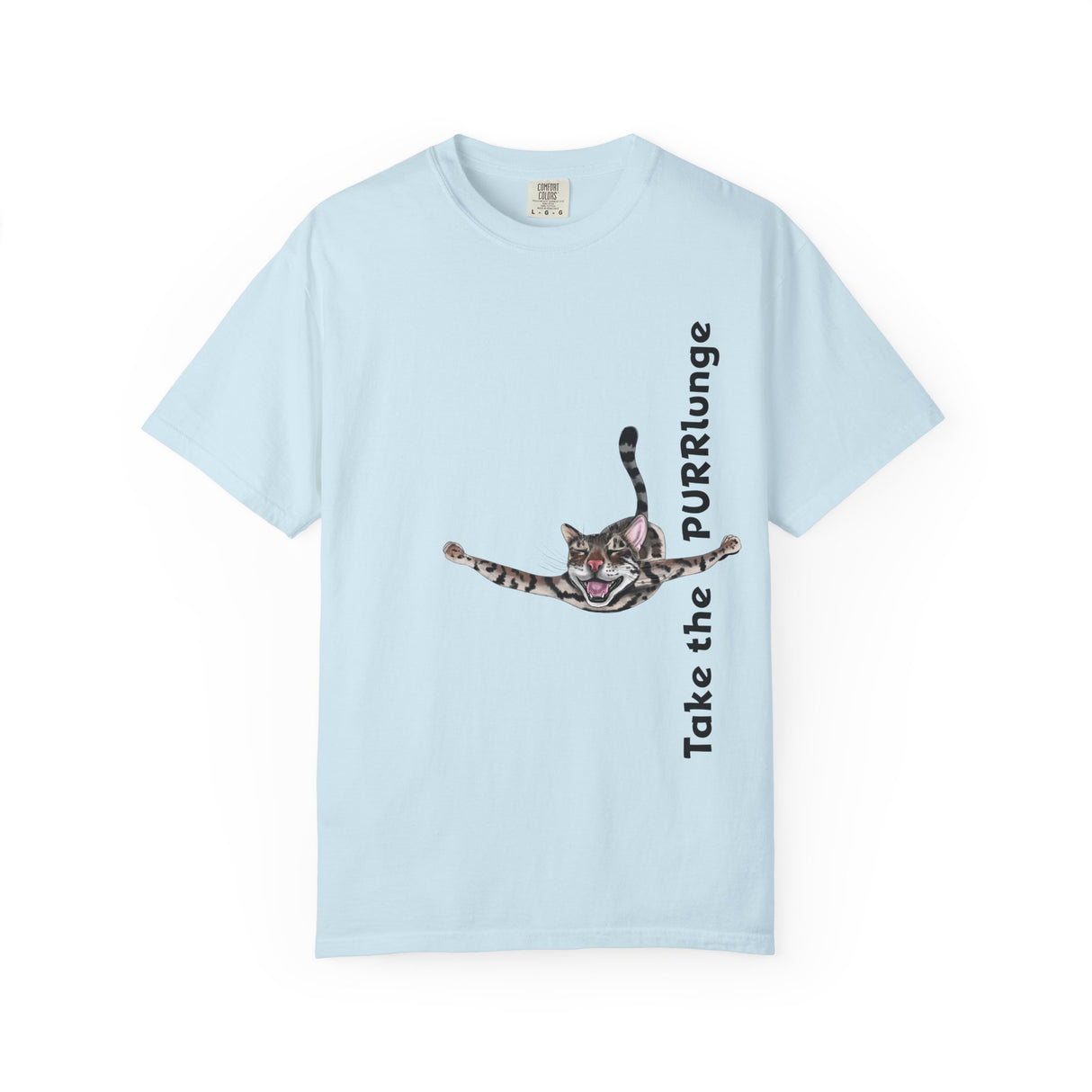 Purr-lunge Unisex T-shirt with Flounder the Purrmaid Design