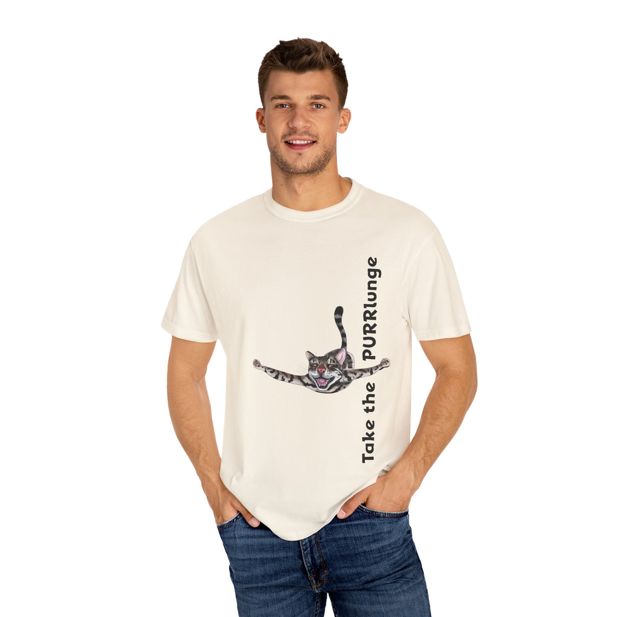 Purr-lunge Unisex T-shirt with Flounder the Purrmaid Design
