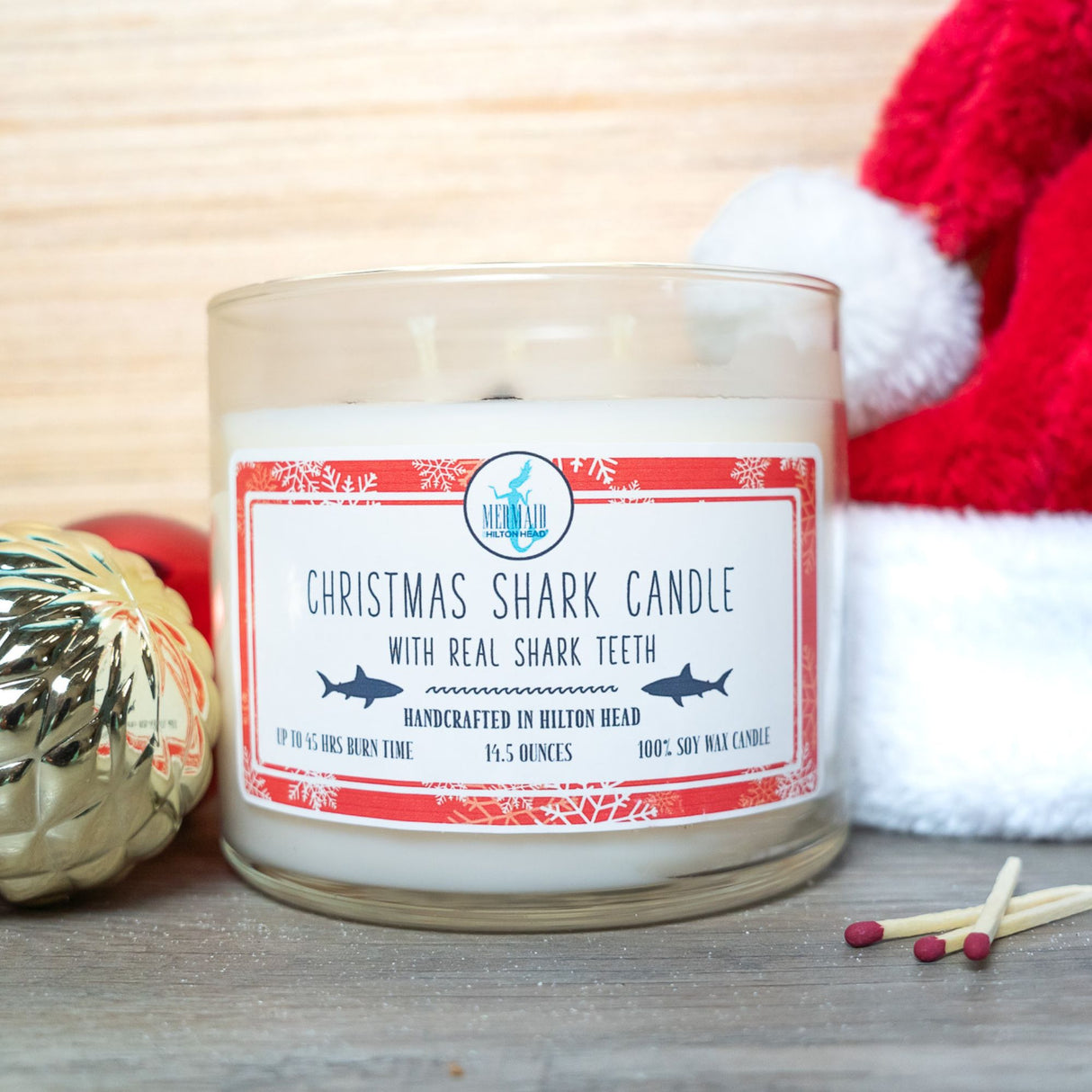 Christmas Shark Candle with Real Fossilized Teeth – Holiday Curiosity Jar