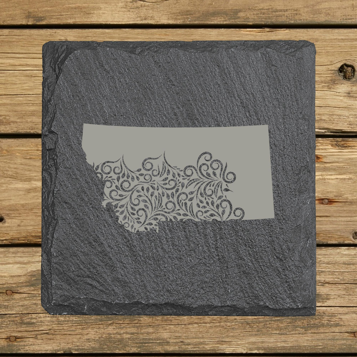 Montana Slate Coaster Set – Engraved Natural Stone (Set of 4)