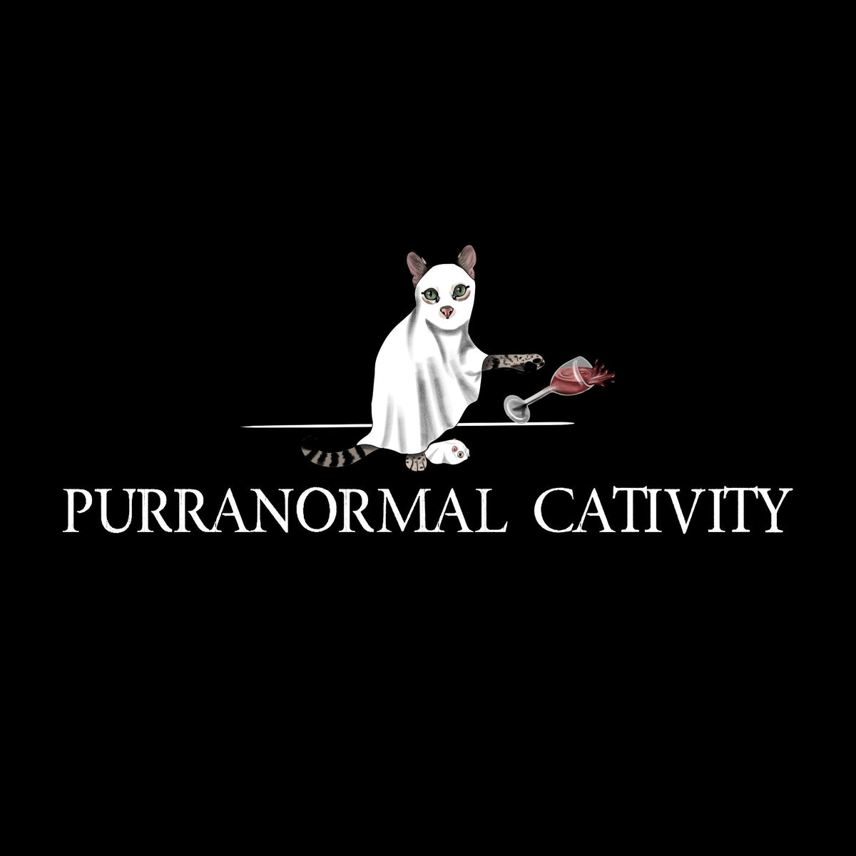 cat dressed as a ghost spilling a glass of wine and the words ready purranormal cativity