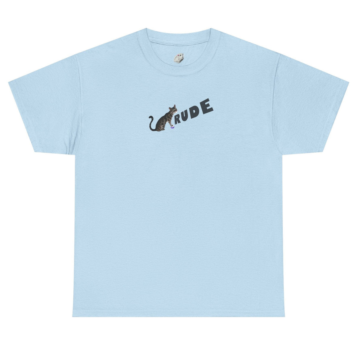 Flounder 'RUDE' Button Tee - Flounder the Eye-Rolling Cat T-Shirt, shown in Light Blue