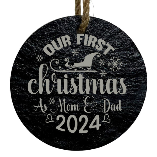 Our First Christmas as Mom & Dad 2024 3” Round Slate Ornament - Keepsake