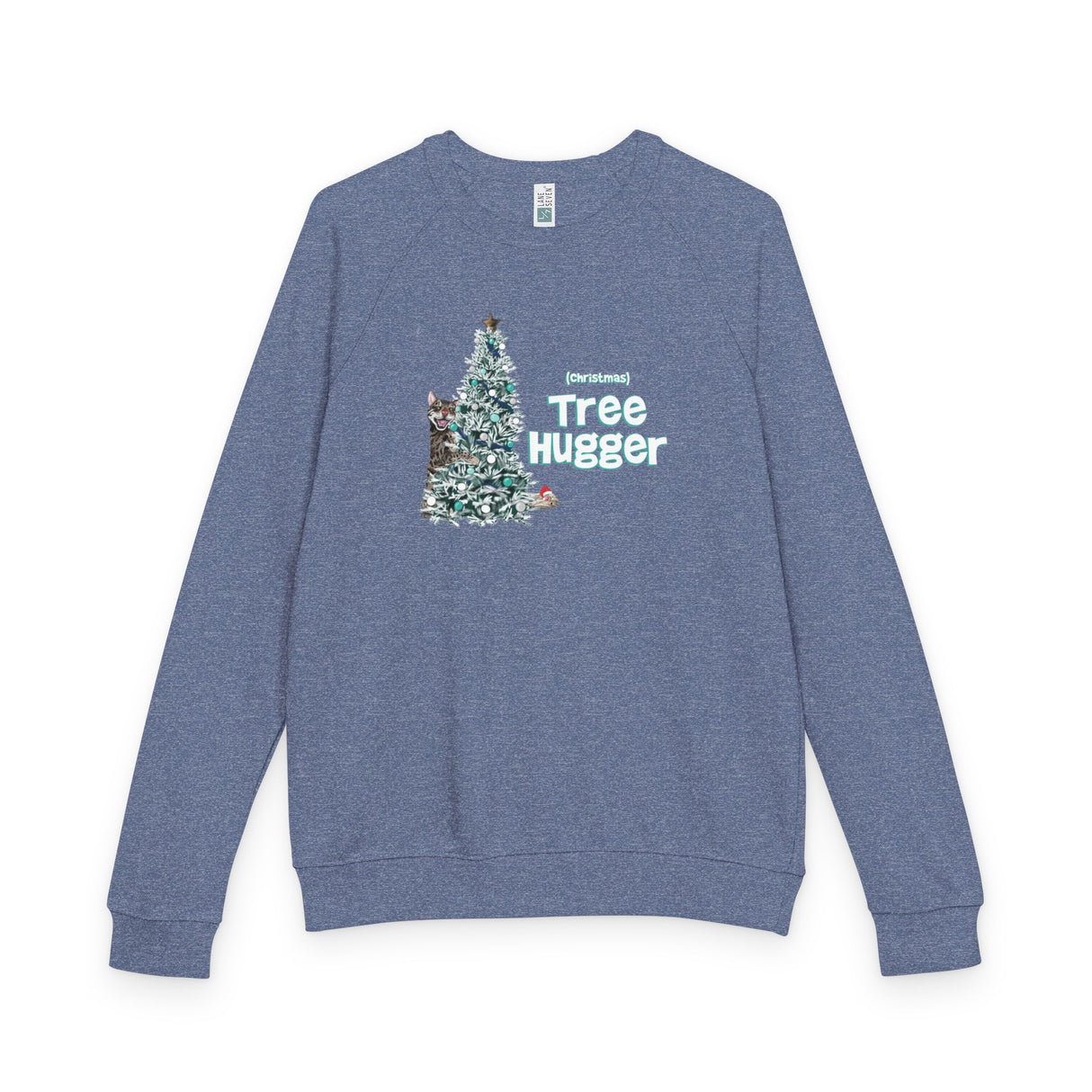 Raglan Crewneck Sweatshirt Christmas Tree Hugger Flounder the Purrmaid Design