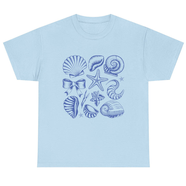 Blue coastal coquette shell cotton tee in light blue