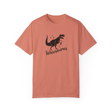 Wineosaurus t-shirt in terracotta with a T-rex holding a wine glass