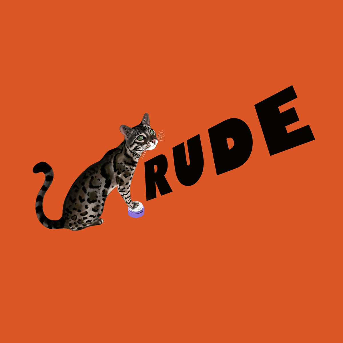 flounder cat pushing a button and the word Rude 