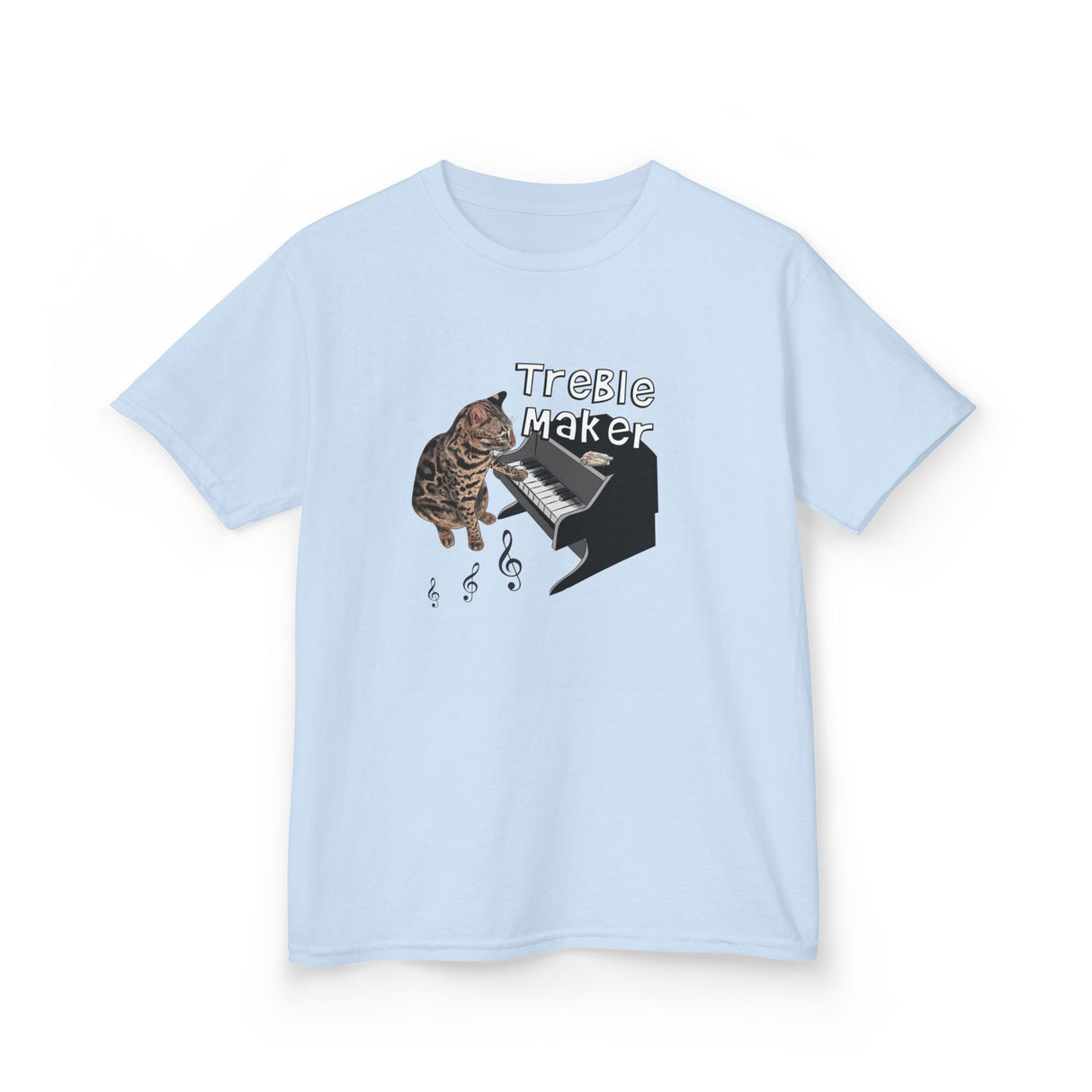 Kids Tee - Treble Maker Design Hand Drawn by Flounder's Mom, Nina Featuring Flounder the Purrmaid Playing Piano for Mouse Toy