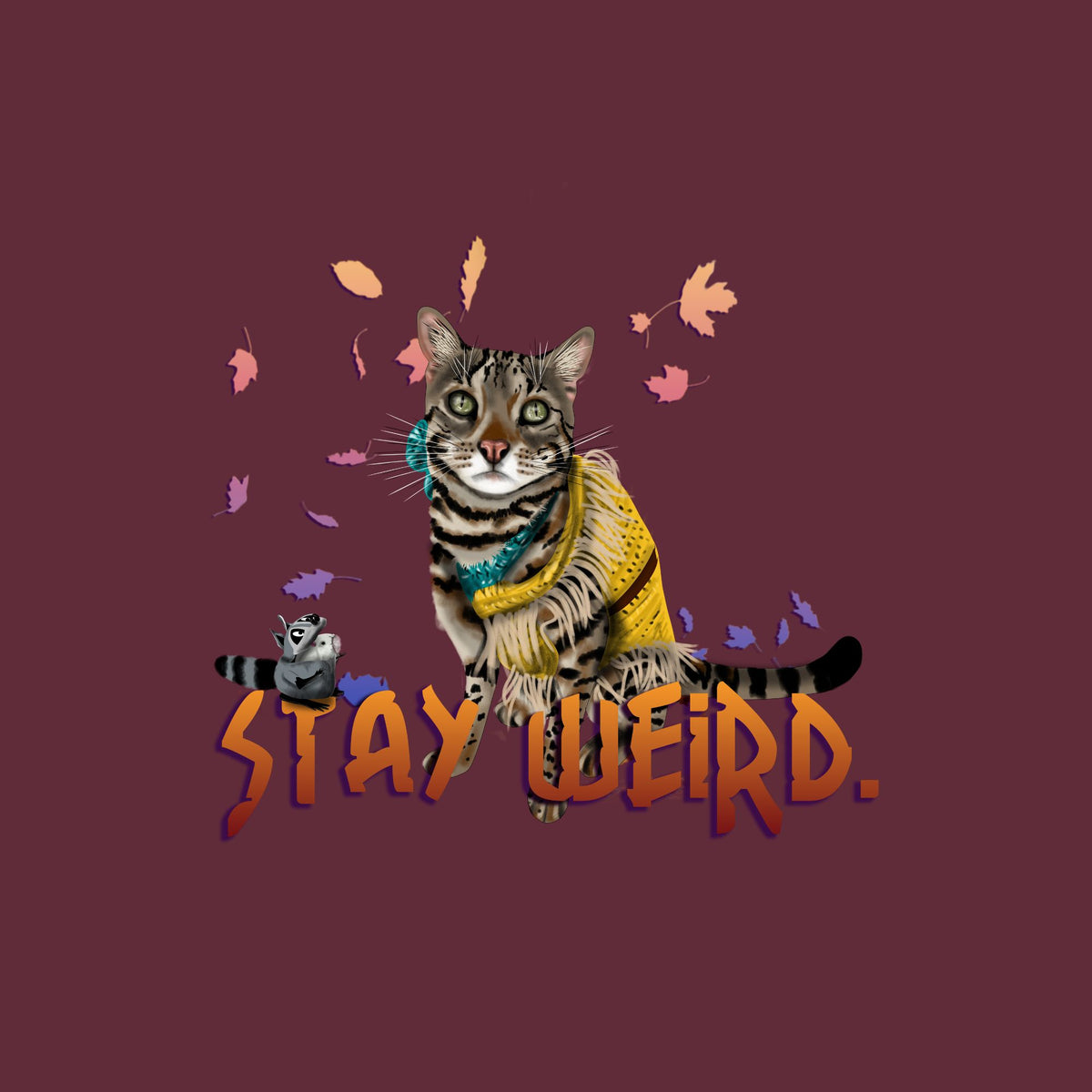 Flounder standing behind the words Stay Weird. 