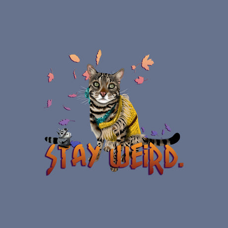 flounder cat with the words stay weird in front of her with leaves falling behind her 
