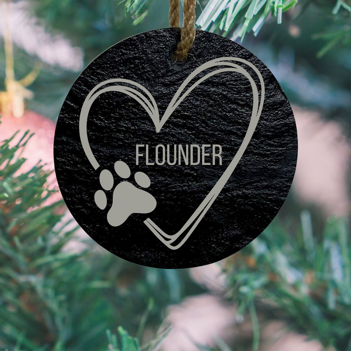 Custom Round Slate Pet Ornament with Name, Heart & Paw Print