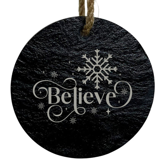 Believe 3” Round Slate Ornament - Inspiring Christmas Tree Decor