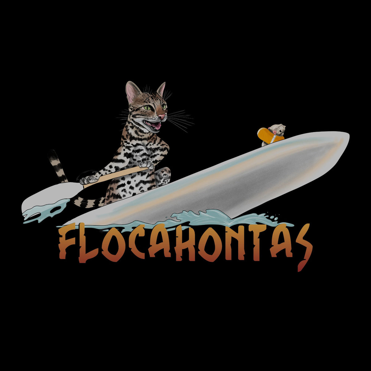 A graphic design on a black background featuring an illustrated spotted cat paddling on a surfboard with stylized water and the word 'FLOCAHONTAS' in orange lettering.