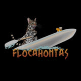 A graphic design on a black background featuring an illustrated spotted cat paddling on a surfboard with stylized water and the word 'FLOCAHONTAS' in orange lettering.