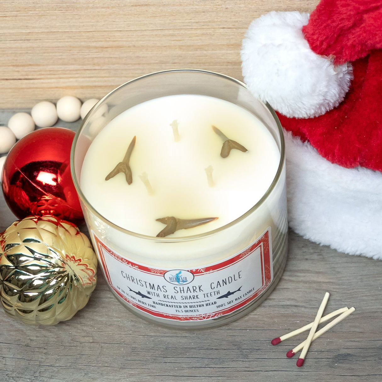 Christmas Shark Candle with Real Fossilized Teeth – Holiday Curiosity Jar