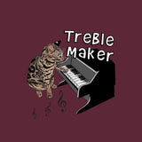 A graphic design featuring a Bengal cat playing a piano next to the text 'Treble Maker' on a solid dark maroon background.