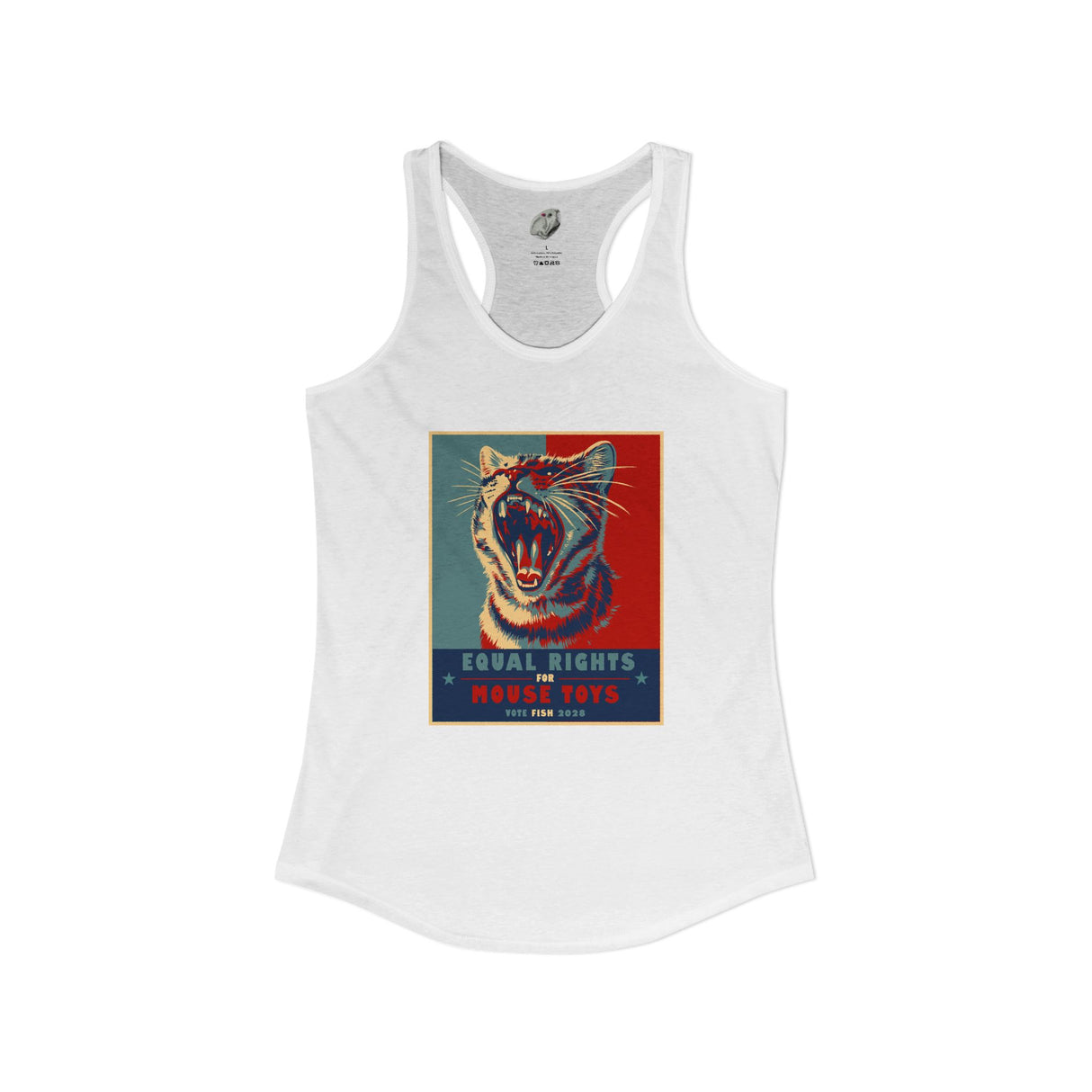 Vote Fish 2028 Racerback Tank — "Equal Rights for Mouse Toys" Purrmaid Funny Campaign