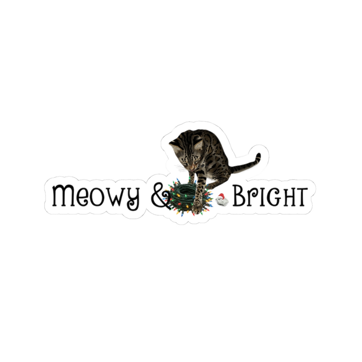 Meowy & Bright Christmas Cat Sticker — Flounder & Mouse Toy Holiday Kiss-Cut