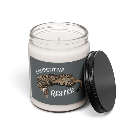 Competitive Rester scented soy candle, 9 oz glass jar with the hand drawn Competitive Rester design by Nina Leipold