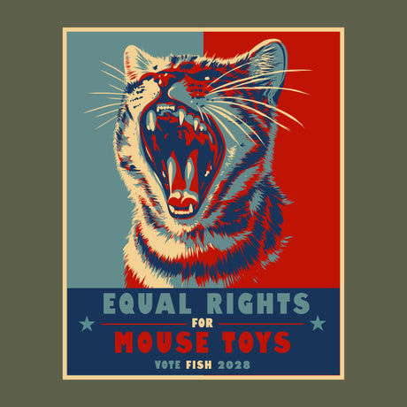 A square graphic print featuring a stylized roaring cat in a poster-like design. The cat is split across a muted blue-gray left half and a bright red right half, with cream fur details.