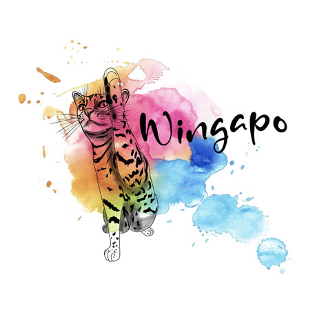 A colorful watercolor-style illustration of a cat with black stripes over a pink, blue, and yellow paint splash, with the word 'Wingapo' written in black script on a white background.