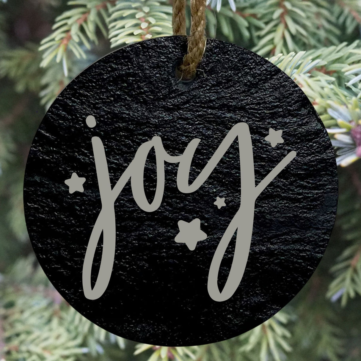 Joy 3” Round Slate Ornament - Elegant Holiday Tree Decoration