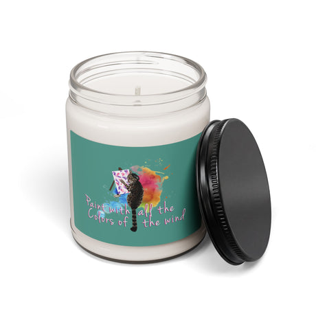 Paint With All the Colors of the Wind scented soy candle, 9 oz glass jar with the hand drawn Paint With All the Colors of the Wind design by Nina Leipold