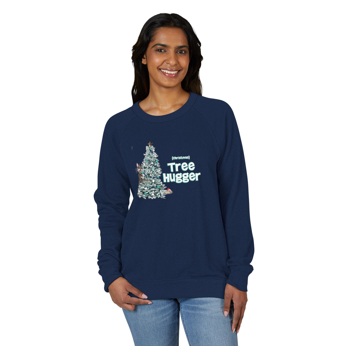 Raglan Crewneck Sweatshirt Christmas Tree Hugger Flounder the Purrmaid Design
