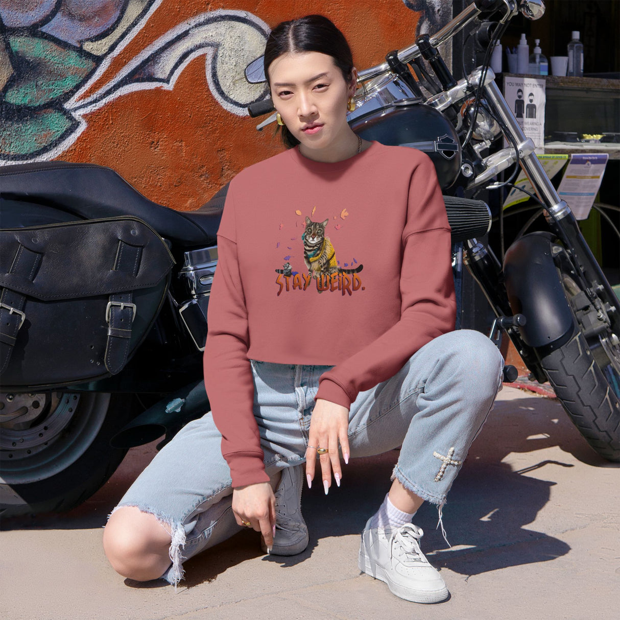 Stay Weird Cropped Sweatshirt — Flocahontas & Mouse Toy Artwork