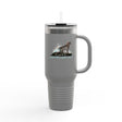 I Want to Be Where the People Aren't travel mug in dark gray, with Flounder the Purrmaid on the shore
