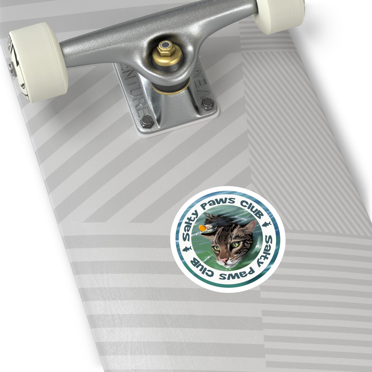 Salty Paws Club Sticker — Flounder the Purrmaid & Life‑Vest Mouse Toy (Indoor/Outdoor Round Sticker)