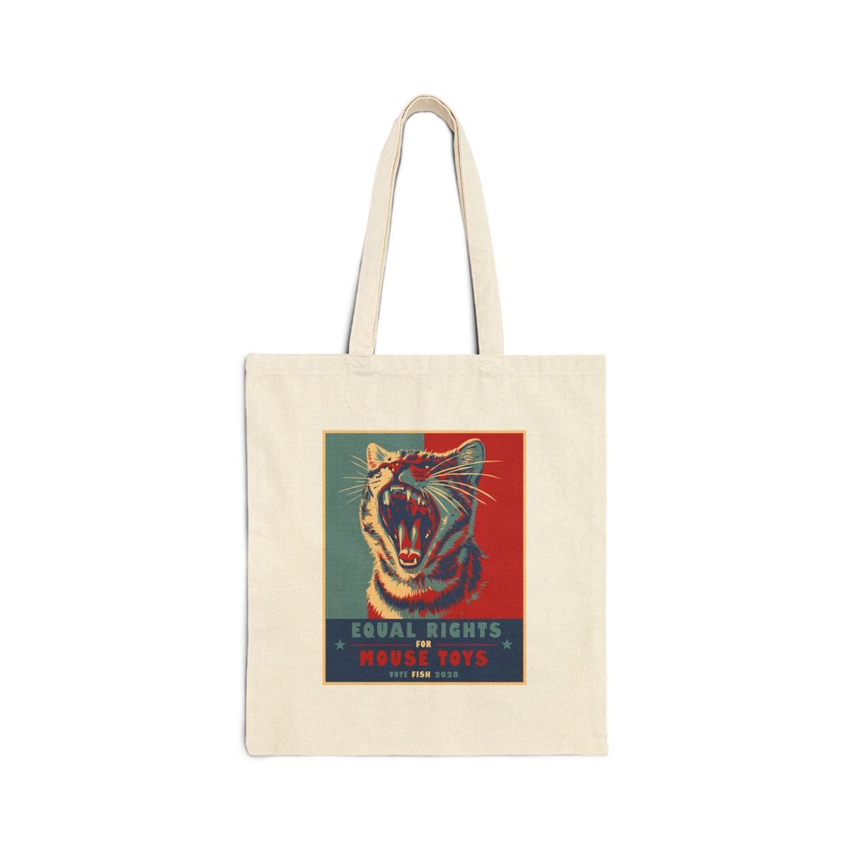 Vote Fish 2028 Cotton Canvas Tote — "Equal Rights for Mouse Toys" Flounder Purrmaid Political Tote
